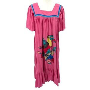 Vintage Boho Pink Toucan Print House Dress Caftan Style Maxi